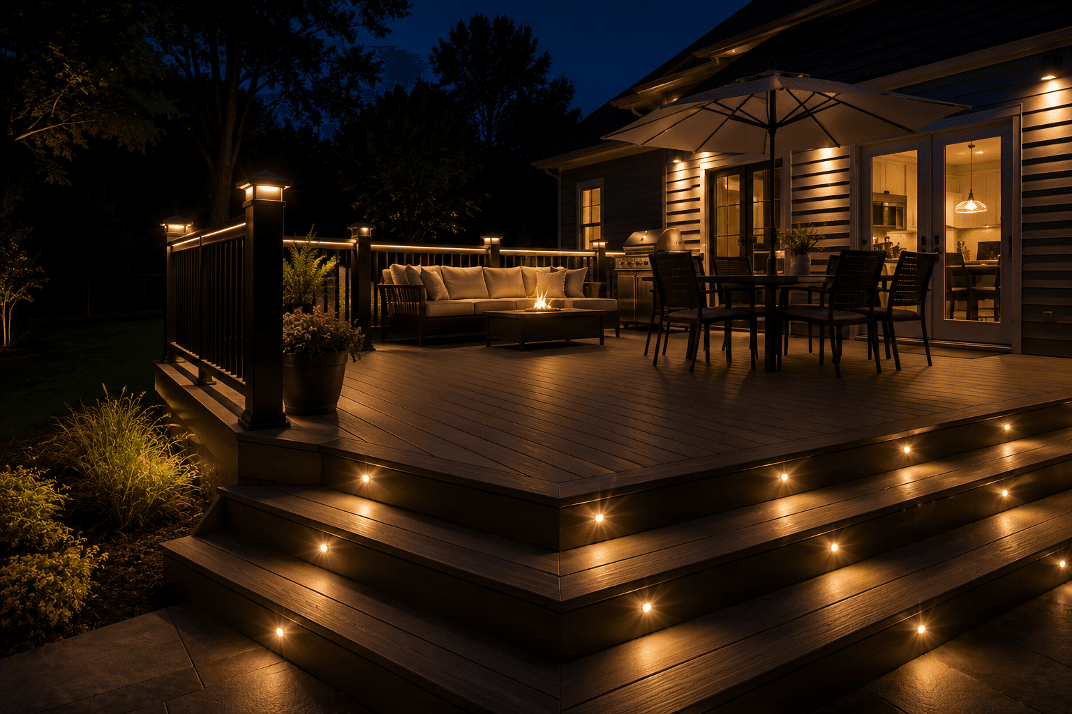 Composite deck with integrated under-rail and step lighting at dusk