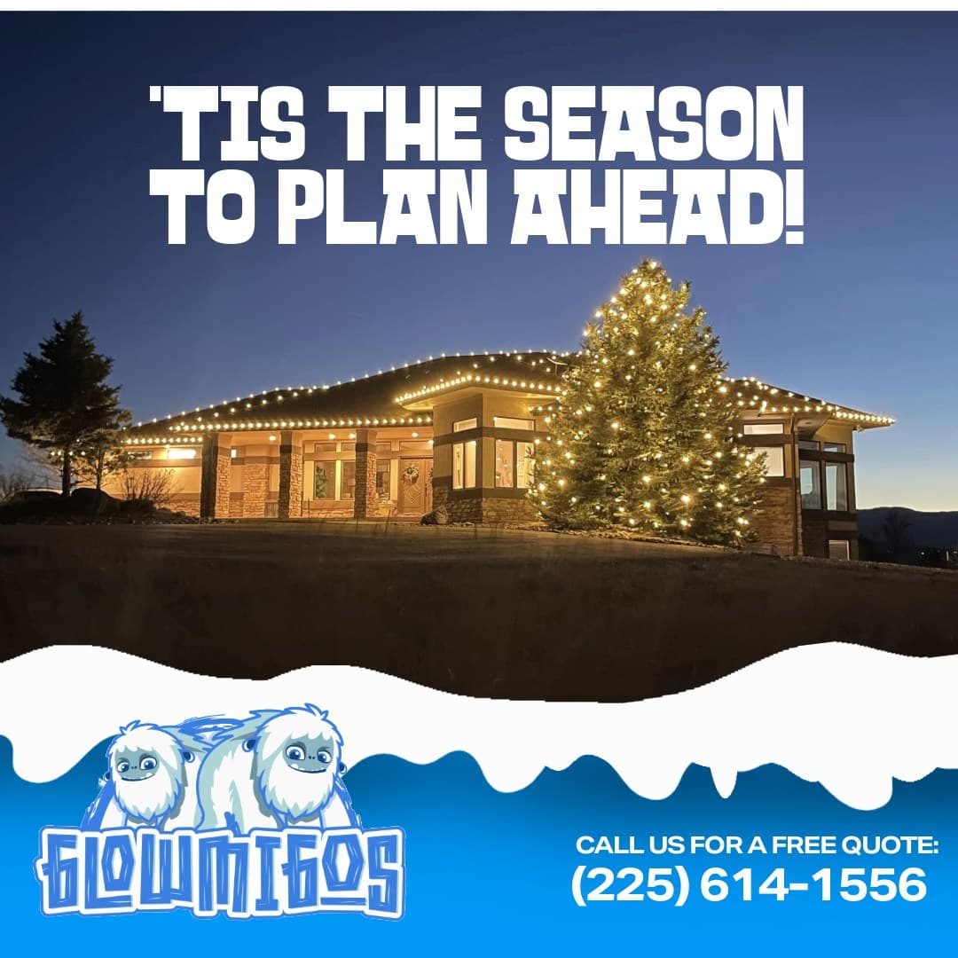 Christmas lights installed at dusk on a Castle Rock home